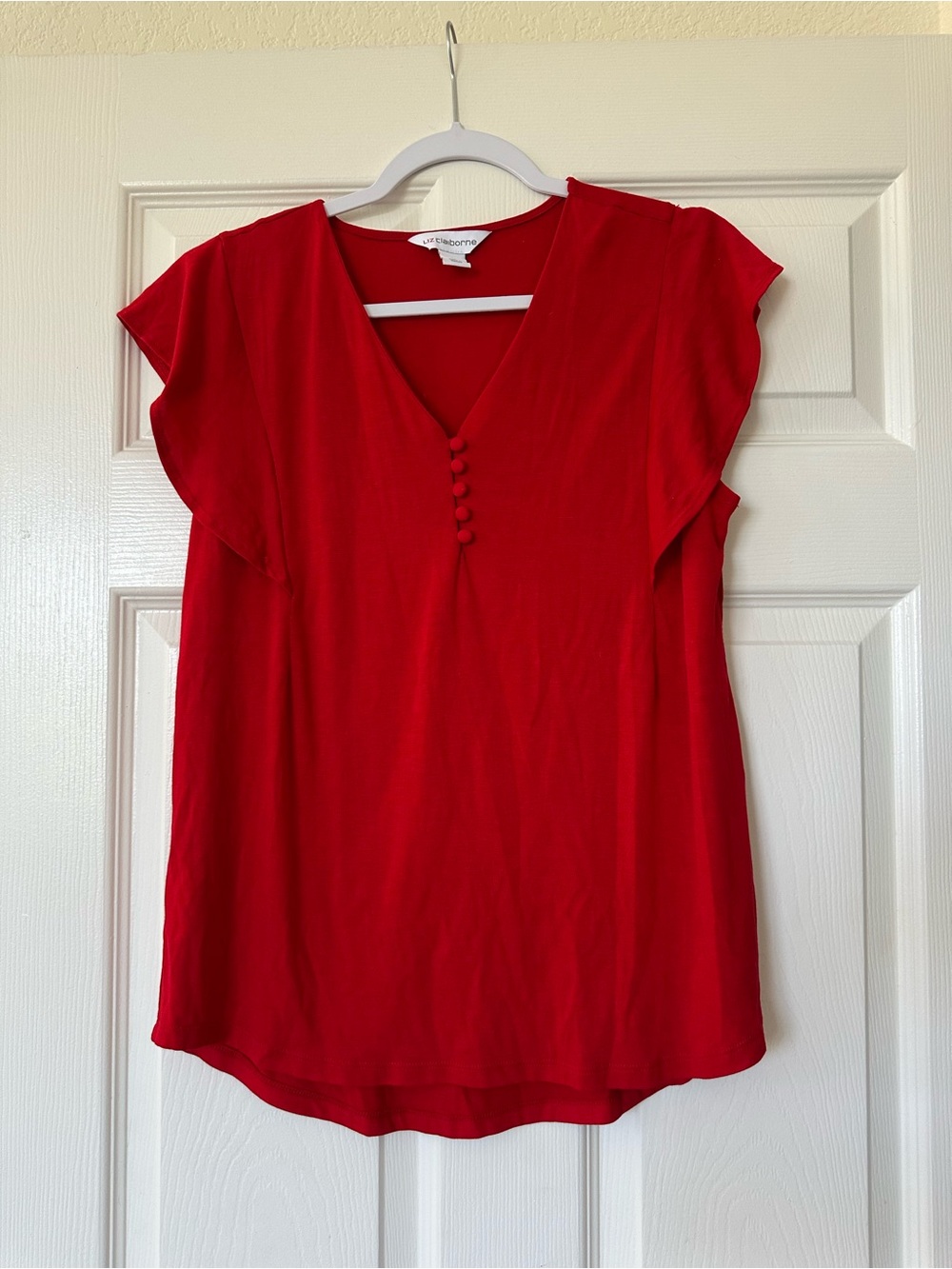 Liz Claiborne Ruffle Button V Neck Short Sleeve Top